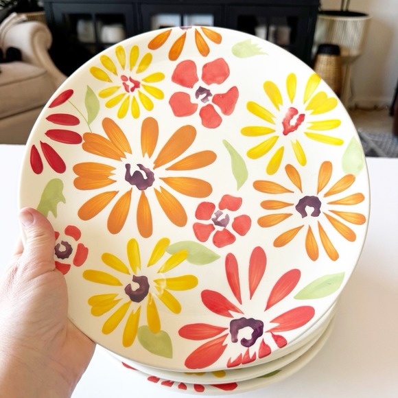 Pier 1 Imports "Flowers" Set Of 4 Dinner Plates 10 7/8" Handpainted Earthenware - Picture 3 of 8